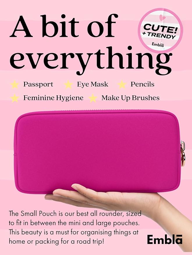 Embla Makeup Bag Travel Cosmetics Pouch and Toiletry Bag, Nylon Zipper Pouch Purse, Cute Make Up Organizer Storage Tote for Women Girls, Waterproof Travel Skincare Case, Small Makeup Bags, Fuchsia