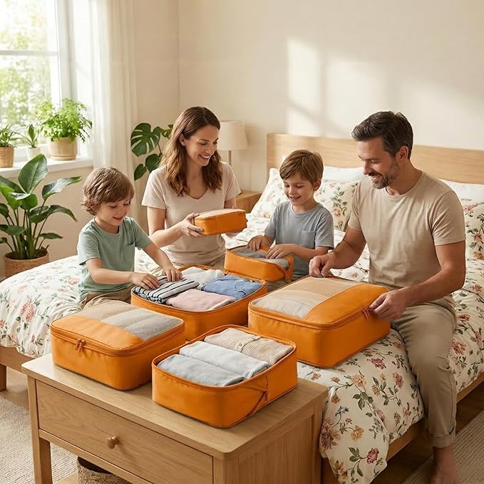 4 Piece Compression Packing Cubes for 3–7 Day Travel, Space Saving Travel Organizers with Breathable Mesh, Double-Zipper Packing Cubes for Carry-On & Suitcases (Orange)