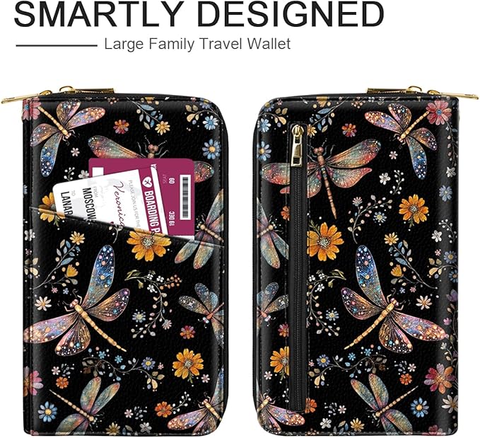 Family Passport Holder Wallet RFID Blocking Document Organizer PU Leather Mulit-purpose Travel Wallet Credit Cards Case for Women Men, Dragonfly