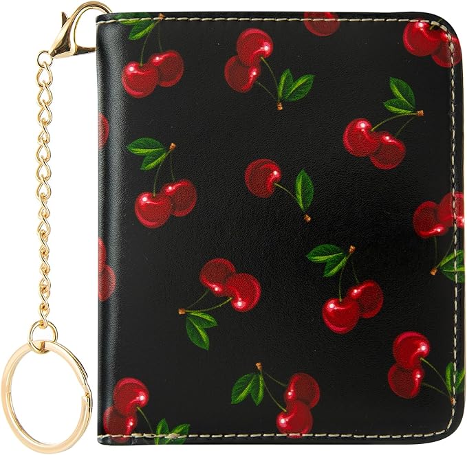AIRMORS Women's Small Bifold Wallet, Thin Pocket Credit Card Organizer with ID Window, Zipper Coin Pouch and Key Ring for Girls Travel Cute Small (Cherry)