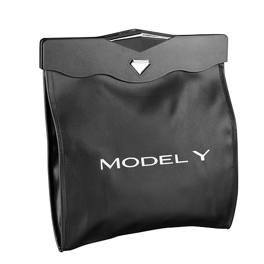 Motrobe Trash Can for Tesla Model Y 2020-2026 Garbage Bag [Strong Magnetic Buckle] with LED Light 1PCS Backseat Hanging Garbage Bin Waterproof Faux Leather Model Y Interior Accessories 2.5 Gallons