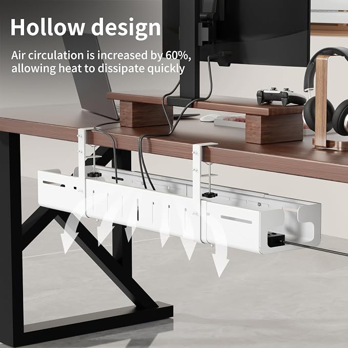Under Desk Cable Management Tray, Expandable 25.2"–38.6" Heavy Duty Carbon Steel with Clamp, Hidden Cord Organizer for Desk, Home Office & Standing Desk, No Drill Installation, White