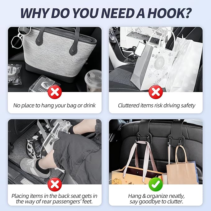 2 Packs Headrest Hooks for Car, Hidden Twinhook Leather & Metal Car Purse Holders, Universal Seat Back Storage Organizer Hanger for Purse Bag Handbags Phones, 2026 Car Seat Accessories (Black)