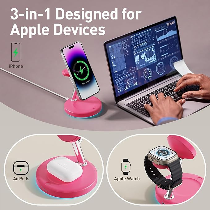 New 3 in 1 Charging Station for Apple Compatible with Magsafe Charger Stand for iPhone 17 16 15 14 13 12 Wireless Charging Station for AirPods Wireless Charger for iWatch Series