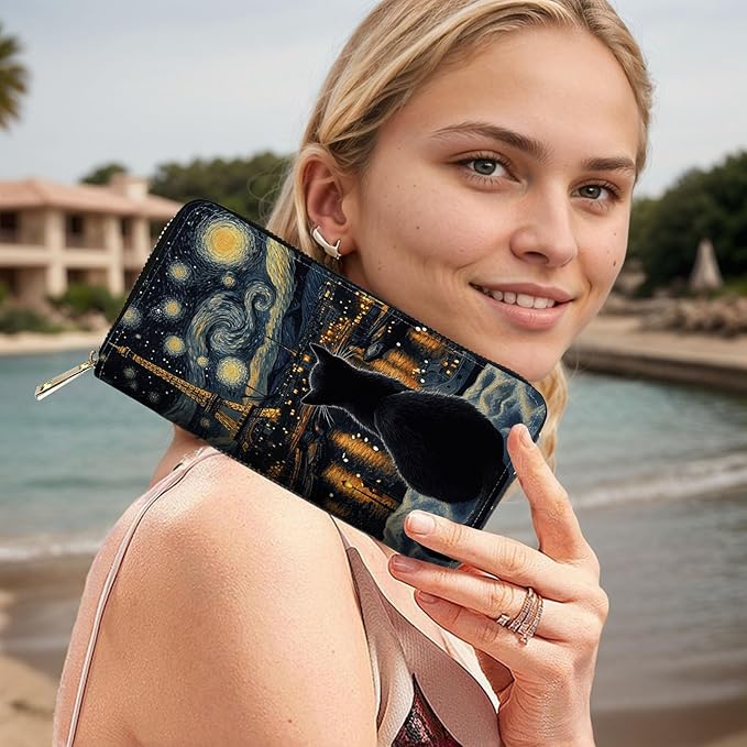 RFID Blocking Leather Wallet for Women – Large Capacity Zip Around Clutch with 8 Card Slots,20 Cash Pockets & Coin Zipper,Eiffel Tower with Cat Scene