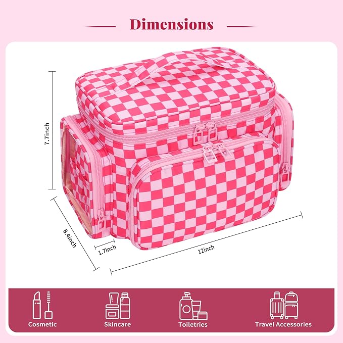 Bagmoly Large Checkered Makeup Bag, Travel Makeup Bag Organizer for Women Girls with Makeup Brush Compartment & Two Side Pockets, Cosmetic Travel Bag Vertical Storage Toiletry Bag- Hotpink