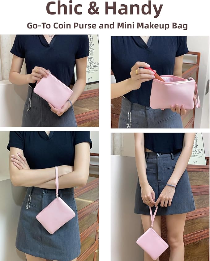 Small Makeup Bag for Purse Mini Cosmetic Pouch Zipper Little Wristlet, Tiny Make Up Organizer Lipstick Feminine Product Car Change Coin Holder for Women, 4.5 x 6.5 Clutch Stadium Approved, 1 Pink