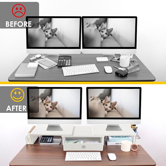 RUILALIFE Dual Monitor Stand Riser w/ Drawer & Metal Leg, Large White Computer Monitor Riser w/ Storage For 2 Screens, Desk Shelf w/ Adjustable Length & Angle, Desktop Organizer