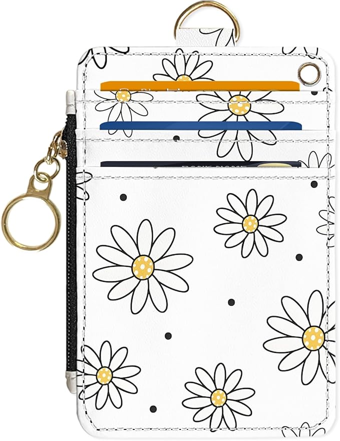 Slim Wallet Credit Card Holder, White daisy V, RFID Wallet Women Cute Small Front Pocket Wallet With Zipper, PU Leather Thin travel RFID Blocking Card Case ID Window,Ladies Gifts