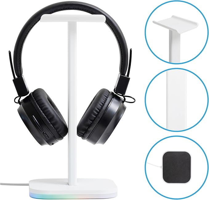 RGB Headphone Stand for Gaming – Modern Aluminum Headset Holder for Desk - Sleek Display for Over-Ear Headphones (Accessory )– Gift for Boys- White