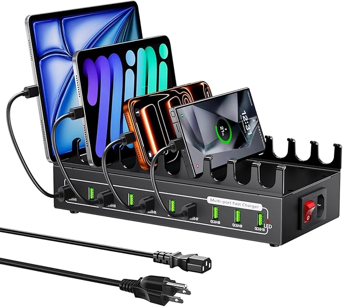 200W Charging Station for Multiple Devices, 10-Port USB Fast Charger Station,Desktop Multi Charging Station Hub Compatible with Samsung/iPhone/iPad/Google Pixel/Tablets and Other USB Electronics