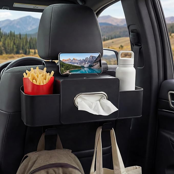 Backseat Car Organizer, 4 in 1 Multifunctional Car Back Seat Storage Organizer with Tissue Box, 2 Cup Holders, Phone Stand and Hooks, Automotive Seat Back Organizers (Black)