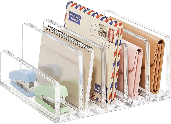 Clear Acrylic Mail Holder, 5-Compartment Vertical Letter Organizer for Desk, Space-Saving Desktop Files, Bills& Notebooks Holder for Home, Office & School