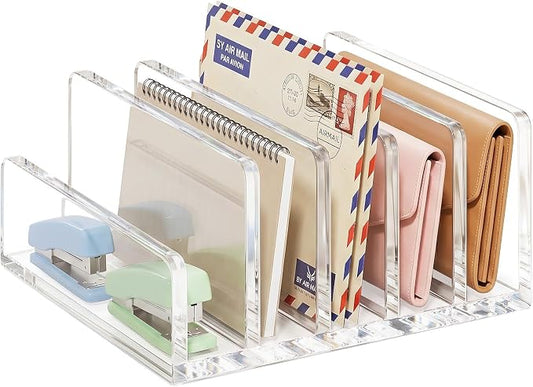 Clear Acrylic Mail Holder, 5-Compartment Vertical Letter Organizer for Desk, Space-Saving Desktop Files, Bills& Notebooks Holder for Home, Office & School