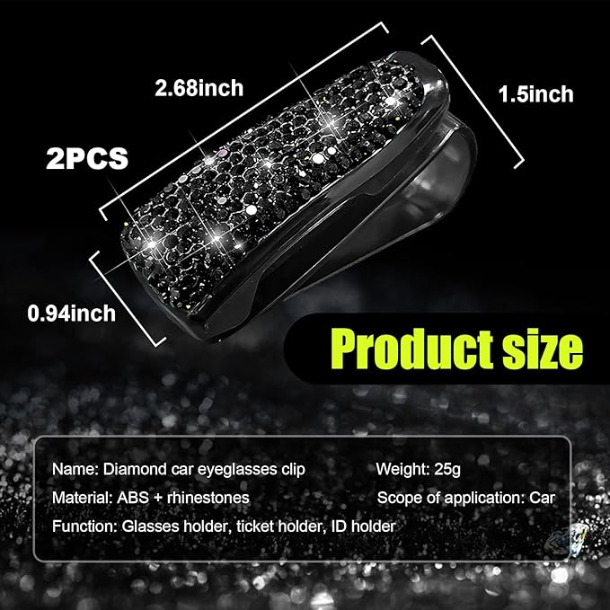 Dickno 2 PCS Bling Sunglasses Holder for Car Sun Visor, Crystal Rhinestones Eyeglasses Hanger Mount with Ticket Card Clip, Universal Vehicle Visor Decor Accessories for Women (Black)