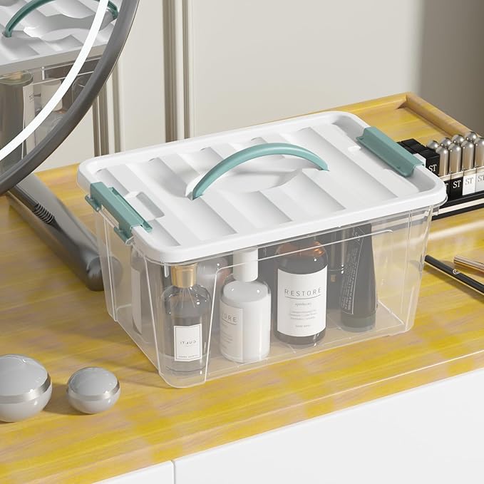 Jekiyo 14 Quart Clear Storage Box with Handle, Plastic Latching Bins with Lids, 4 Packs