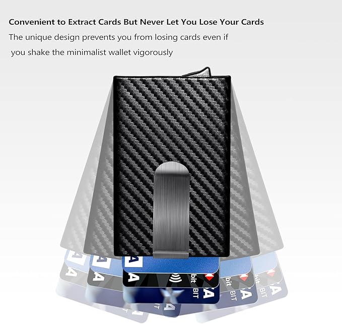 MOSIYEEF Slim RFID Blocking Card Holder Wallet for Men - Minimalist Pop Up Credit Card Holder Wallet with Stainless Steel Money Clip, Carbon Fiber Leather Wallet, Holds 6 Cards - Ideal Gift for Him