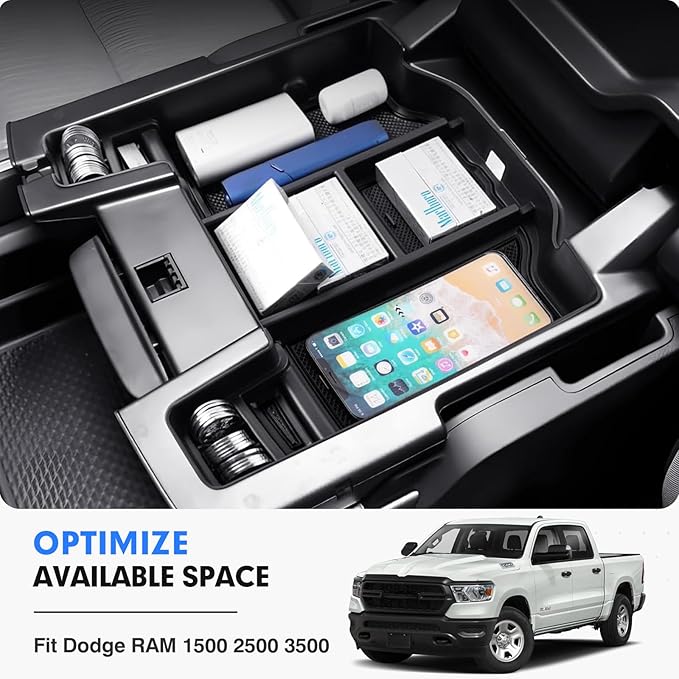 Autorder Center Console Organizer for 2019-2025 2026 Dodge RAM 1500 2500 3500 Accessories - ABS Material Armrest Storage Box Insert Tray - Black&Blue Liners
