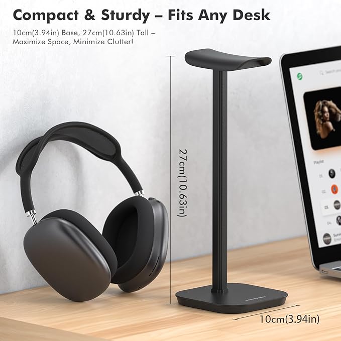 Headphone Stand, Desktop Headset Holder Heavy Base Desk Earphone Stand Aluminum Gaming Headset Hanger Rack for AirPods Max, AirPods, AirPods Pro, Sony, Beats, Bose, Razer and More(Black)