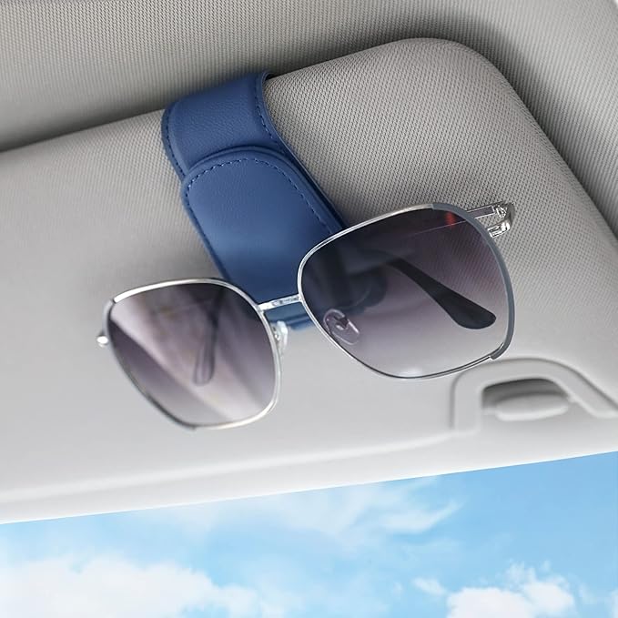 KanSmart Sunglass Holder for Car Visor Sunglasses Clip Magnetic Leather Glasses Eyeglass Holder Truck Car Interior Accessories Universal for Woman Man -Blue