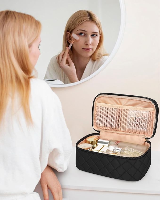 Relavel Makeup Bag, Small Makeup Bag for Women, Travel Cosmetic Bag, 2 Layers Waterproof Makeup Organizer Storage with Makeup Brush Holder, Black