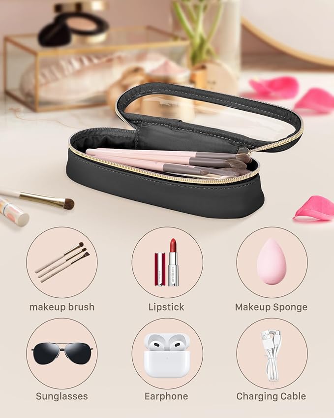 Soimeat Clear Travel Makeup Brush Holder, Leather Makeup Brush Toiletry Bag, Portable Cosmetic Brush Case, Transparent Waterproof Makeup Brush Storage Bag, Black
