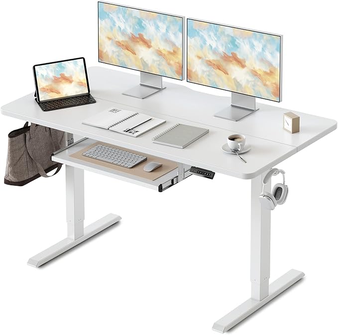 FEZIBO Standing Desk with Keyboard Tray, 55 x 24 Inch Adjustable Height Sit Stand Desk with Memory Presets for Home Office, Ergonomic Computer Workstation, White