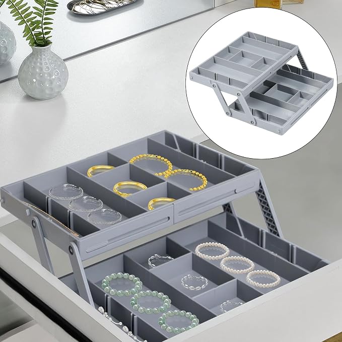2/3 Tier Drawer Organizer Collapsible Drawer Organizer Tray, Expandable Junk Drawer Organizer, Multi Level Dresser Drawer Organizers Adjustable Storage Trays for Makeup, Jewelry (Single Row 2 Tiers)