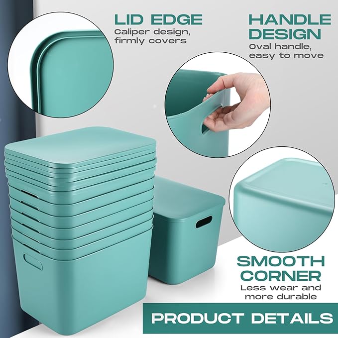Hoolerry 8 Pieces Colorful Storage Bins with Lid, Plastic Storage Basket Organizing Container Stackable Box with Handle for Shelves Desktop Playroom Office(14.2 x 10.2 x 9.5 Inch,Green)