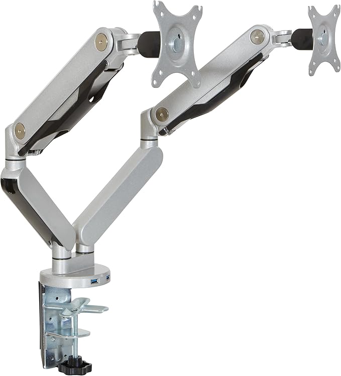 Office Star Ascend II Double Monitor Arms with Dual USB 3.0 Ports, 3-Point Rotation and VESA Mounting Bracket for 17-inch to 30-inch Monitors, Silver