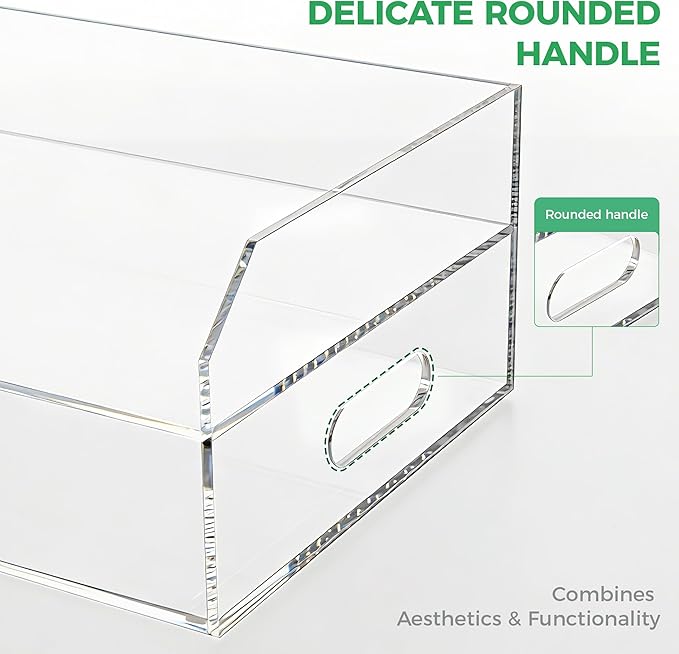 Paper Tray Organizer for Desk, 2 Tier Acrylic Desk Organizers and Accessories, One-Piece Integrated A4 Paper Organizer with Handles, Crystal-Clear Letter Tray & Compact Office File Holder