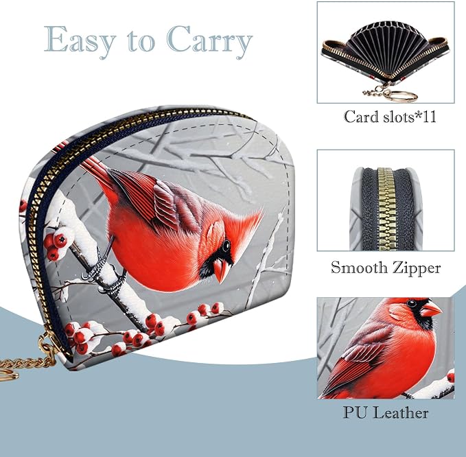 Women's Slim RFID Wallet – Compact Leather Card Holder Wallet for Women, 9 Card Slots RFID Blocking Credit Card Organizer, Small Travel Wallet - Cardinal in Snow