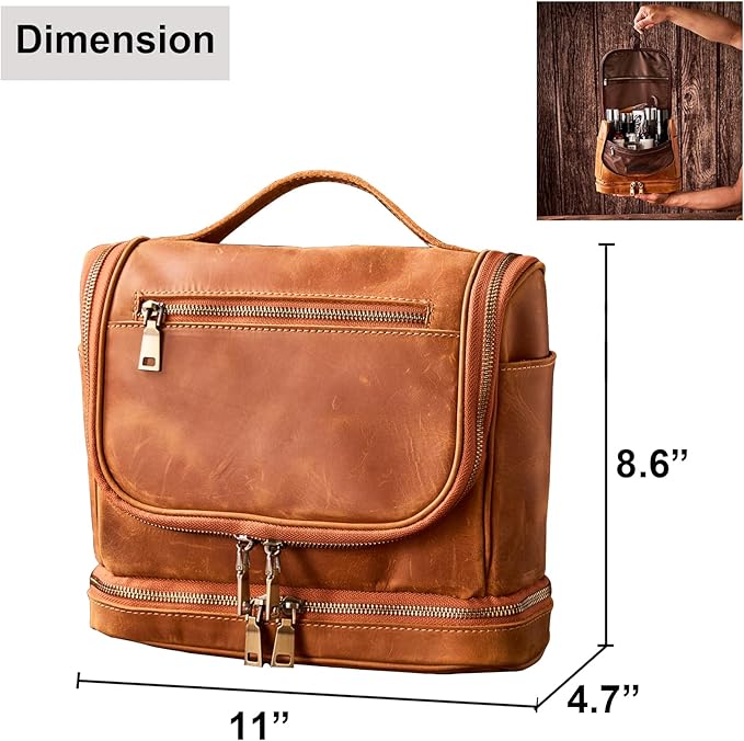 EURYNOME Travel Toiletry Bag For Men, Genuine Leather Shaving Dopp Kit Bottom Storage Holds More (11x8.6x4.7)-Mens Toiletry Bag -Leather Makeup Cosmetic Organizer Kit - Men Travel Toiletries Bag