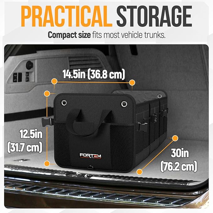 FORTEM Trunk Organizer For SUV Car Organizer and Storage, Multi-Compartment Storage Bag Car Accessories for Women Men, Perfect Christmas Gifts, 1680D Oxford, Non Slip Bottom, Straps, Soft Cover (90L)