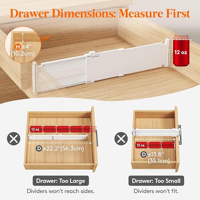 Lifewit 4" Tall 5 Pack Drawer Dividers, 35-56.5cm/13.8-22.2" Expandable Drawer Divider for Clothes, Adjustable Dresser Drawer Organizers, Drawers Separators for Dresser/Bathroom/Closet/Kitchen White