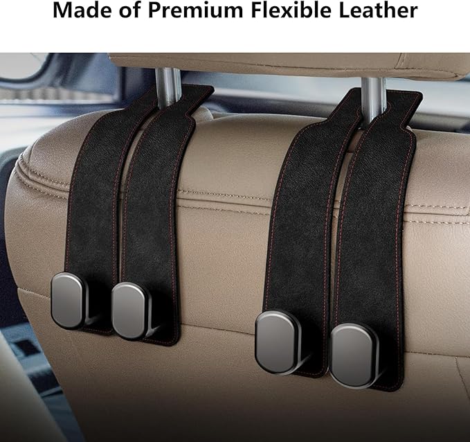Premium Leather Car Headrest Hook for Purses and Bags - Seat Back Storage Holder (Black, 1 Pack)