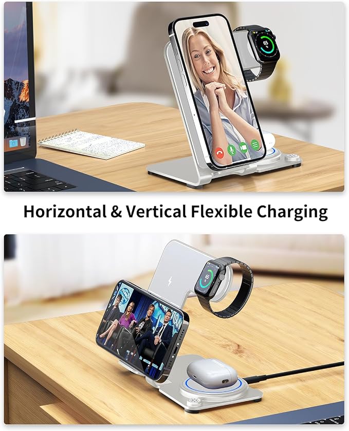 Wireless Charger, Aluminum Alloy 3 in 1 Wireless Charging Station for Apple iPhone/iWatch/Airpods,iPhone15 14,13,12,11 (Pro, ProMax)/XS/XR/XS/X/8(Plus),iWatch8/7/6/SE/5/4/3/2,AirPods 3/2/pro