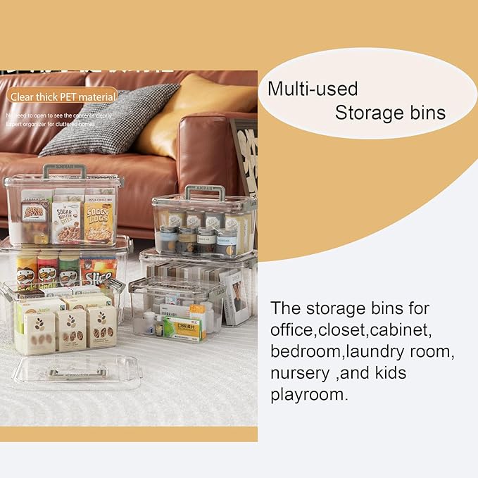 Plastic Storage Containers And Organization Bins Box Stackable with Lid and Secure Latching Buckles, Clear Clip Box For Kitchen or Pantry Storage Cabinet 4 PACK