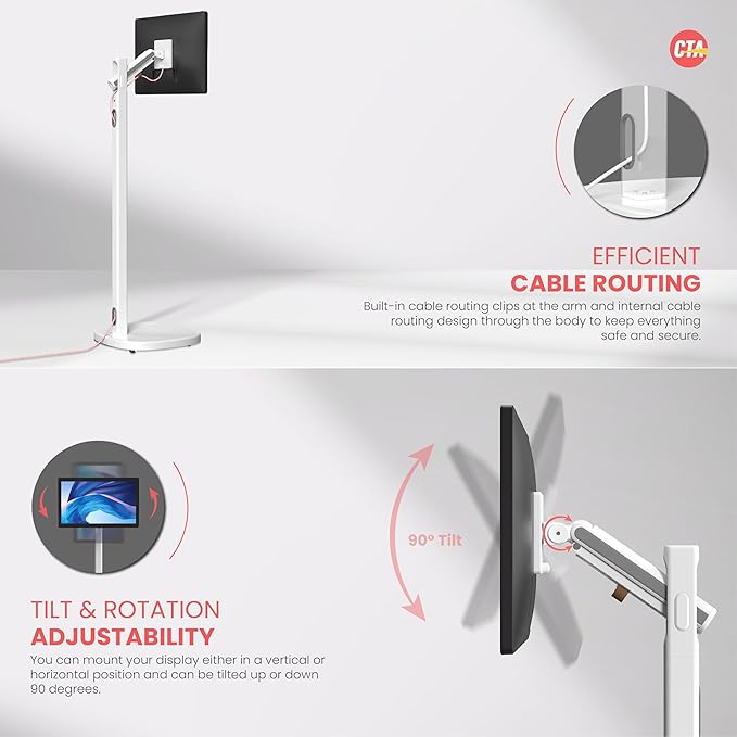 CTA Ergonomic Floor Stand For Monitors & TV?™s Up To 35-inches & 22 lbs - Mobile Stand With Anti-Knockdown Base & Height Adjustable - Commercial Grade - (ADD-MSADFS)