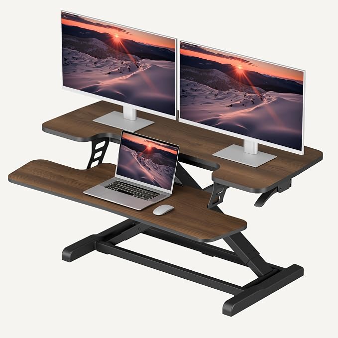 SANODESK 36" Standing Desk Converter, Smooth Mechanical Spring Effortless Lift Sit-Stand Riser for Dual Monitors, Heavy Duty Workstation with Keyboard Tray, Walnut