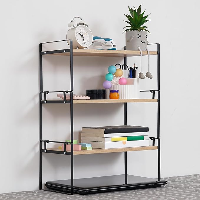 YGYQZ Wood Office Desk Shelf Organizer - Desktop Supplies Cute Dresser Top Organization Storage Rack and Cubicle Decor Aesthetic Bookshelf for Women Man and Kids (Black Wood-Three Tier)