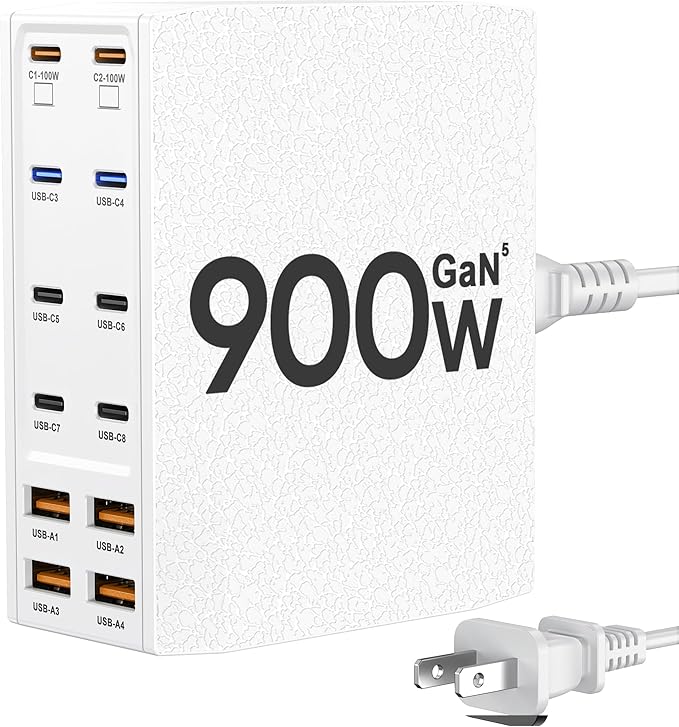 USB Charging Station (900W),12-Port USB C Charger Block with Dual 100W PD USB-C Fast Charging Station Hub for MacBook Pro/Air/All iPad Phone 17/16 15/14/13/Pro Max/Samsung Galaxy Note(White)