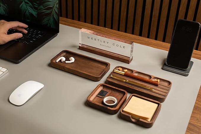 MUUJEE Wooden Desk Organization 5 Piece Set with Name Block - Personalized Acrylic Name Plaque with Wood Base and Desk Accessories Work Professional Office Gift Teacher Dad Organizer