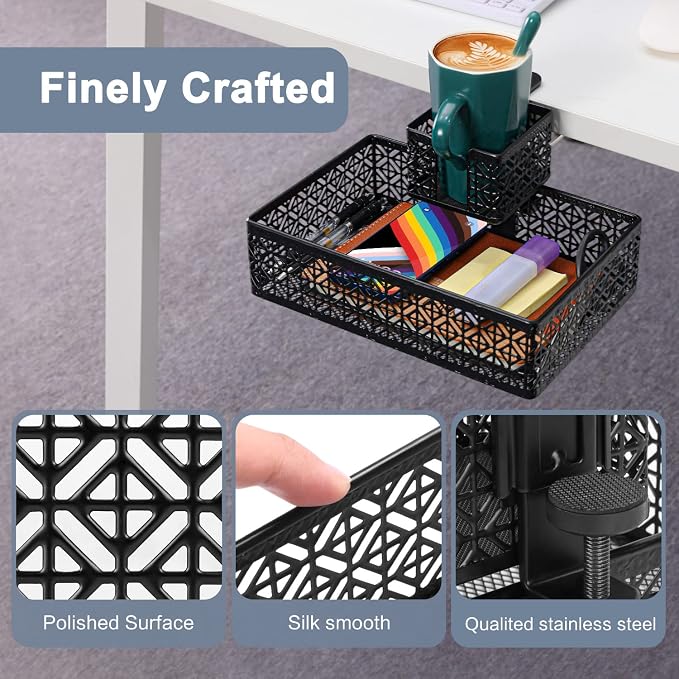 Black Modern Under Desk Drawer Organizer Clip-on Cup Holder & Phone Holder