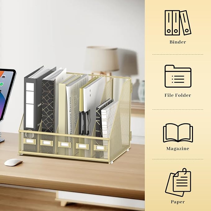 SUPEASY Desk Organizers Metal Desk Magazine File Holder with 5 Vertical Compartments Rack File Organizer for Office Desktop, Classroom, Home Workspace, Golden Yellow, Plus