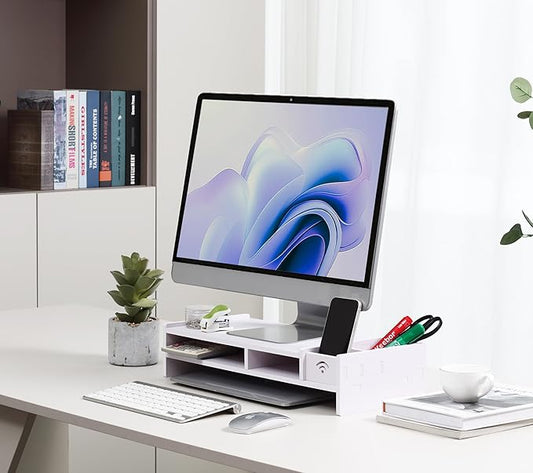 White MDF Monitor Stand Riser, Double Storage Laptop Riser Shelf (19" L x 8" W x 4.6" H)