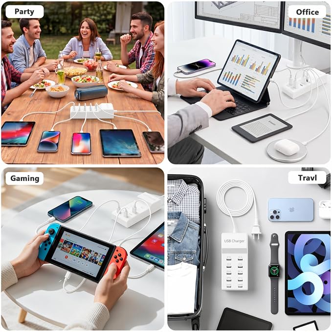USB Charging Station, 4 USB-C and 6 USB-A Ports USB Charging Block, USB Power Strip for Multiple Devices