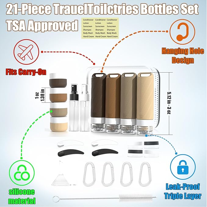 26 Pcs TSA Approved Travel Toiletry Bottles Set, Leakproof Silicone Refillable Travel Containers with Hanging Hole & Carabiner, Travel Essentials, for Shampoo Conditioner Lotion Body Wash