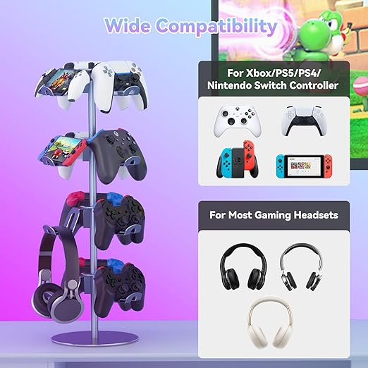 4 Tiers 360 Degree Rotatable Game Controller Stand for PS5 Xbox Nintendo Switch PS4, Aluminum Alloy Headset Controller Holder for Desk, Universal Gaming Headphone Stand Organizer Rack, Grey