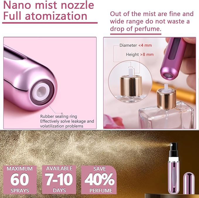 opasyo 4 Pcs Mini Refillable Perfume Portable Atomizer Bottle, 5ml Bottom-Fill Perfume Spray Scent Dispenser, Leak-Proof Travel Pump for Cologne, Aftershave & Purse (Silver/Pink/Blue/Black/)